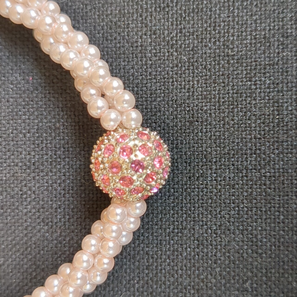 Pink Necklace 3 Strands Twisted Faux Pearls With Rhinestone Bead Charm Choker